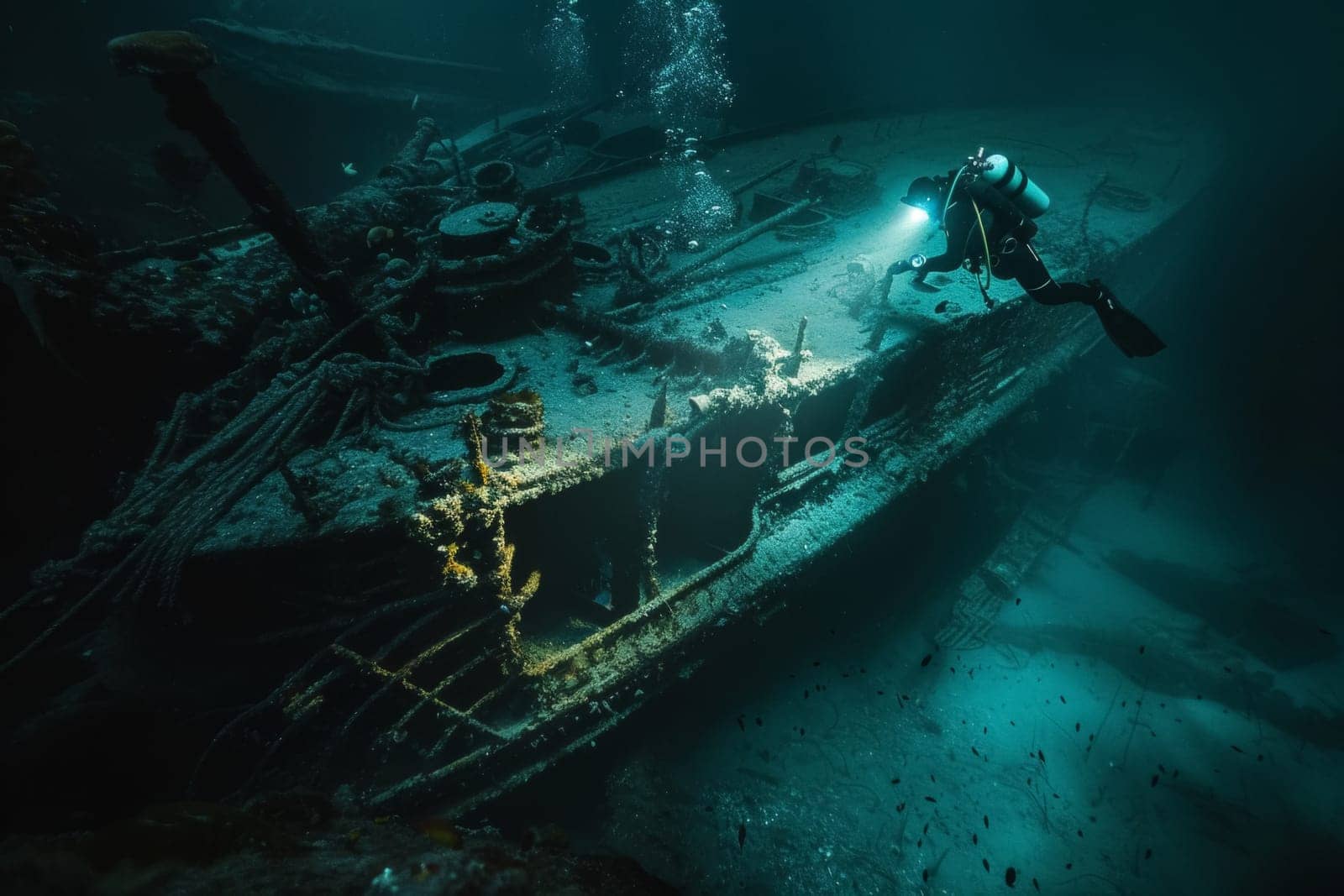 Diver Illuminates Shipwreck by andreyz