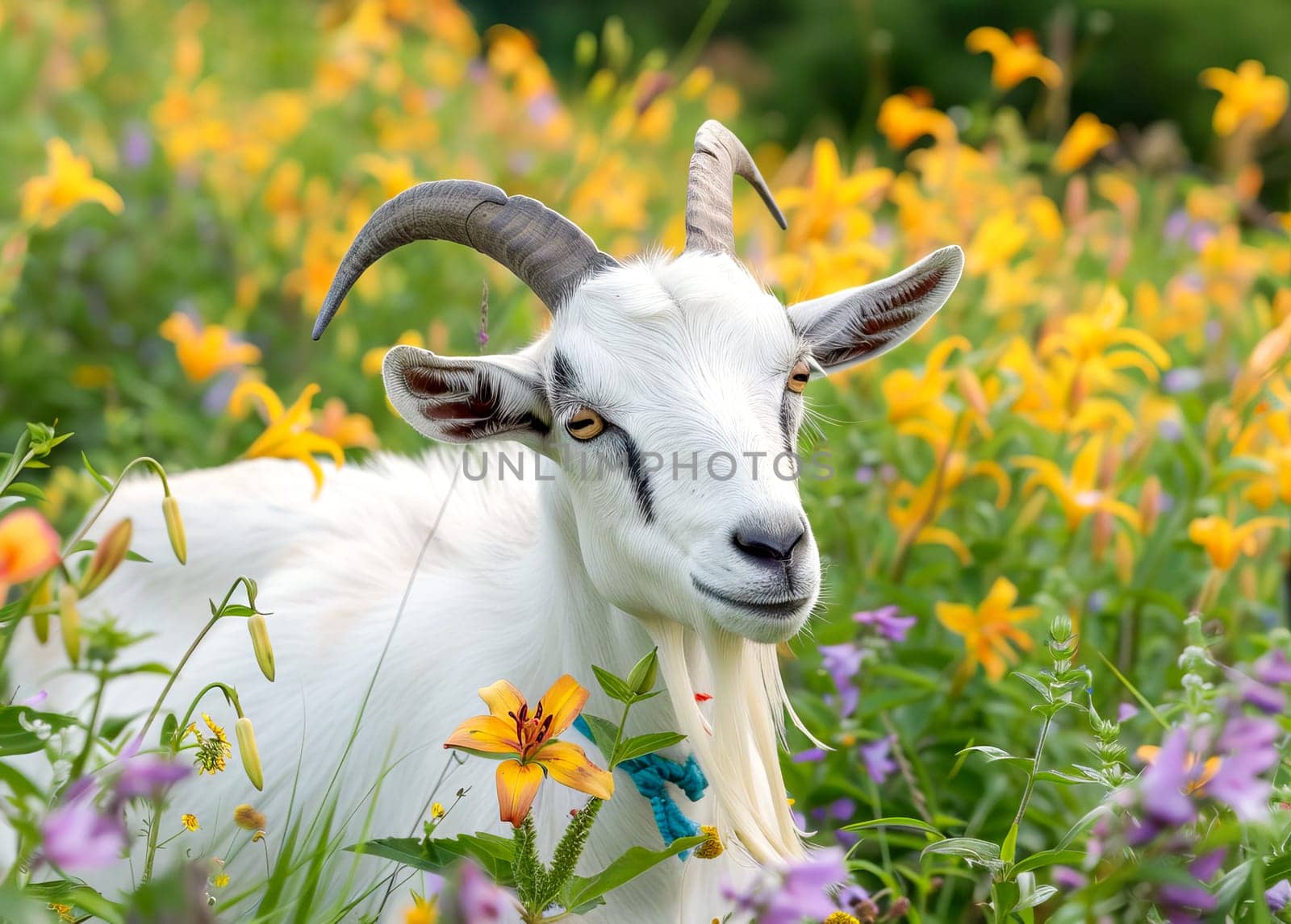 A white goat with long horns grazes in a meadow surrounded by wildflowers. by OlgaGubskaya