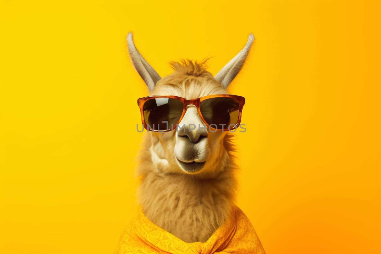 A quirky portrait of a llama donning sunglasses and a scarf, humorously styled for a summer holiday against a yellow background