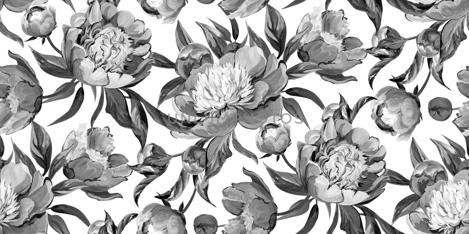 Seamless monochrome pattern with peonies drawn in gouache for textile by MarinaVoyush
