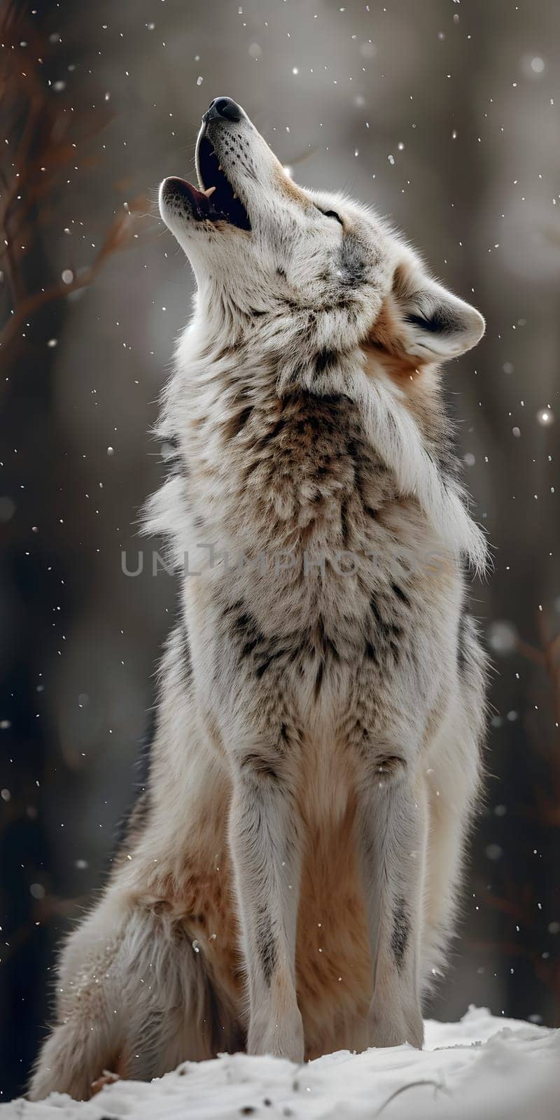 A Carnivore from the Canidae family, the wolf is howling with its distinctive snout and fur in the snowy wilderness. This terrestrial animal resembles a large Dog breed