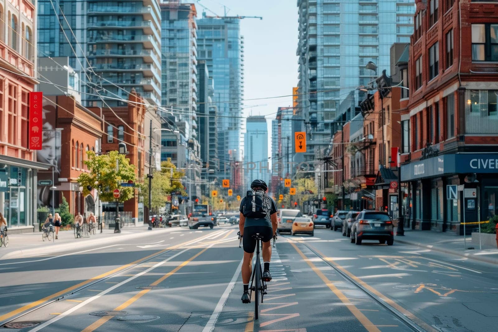 A cyclist maneuvers through a vibrant cityscape bike lane, amidst the backdrop of modern urban architecture and bustling street life