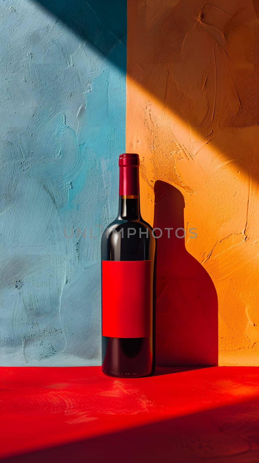 A glass bottle of red wine is placed on a red table, sealed with a cork bottle stopper saver. The liquid inside is a delightful fluid perfect for a relaxing drink
