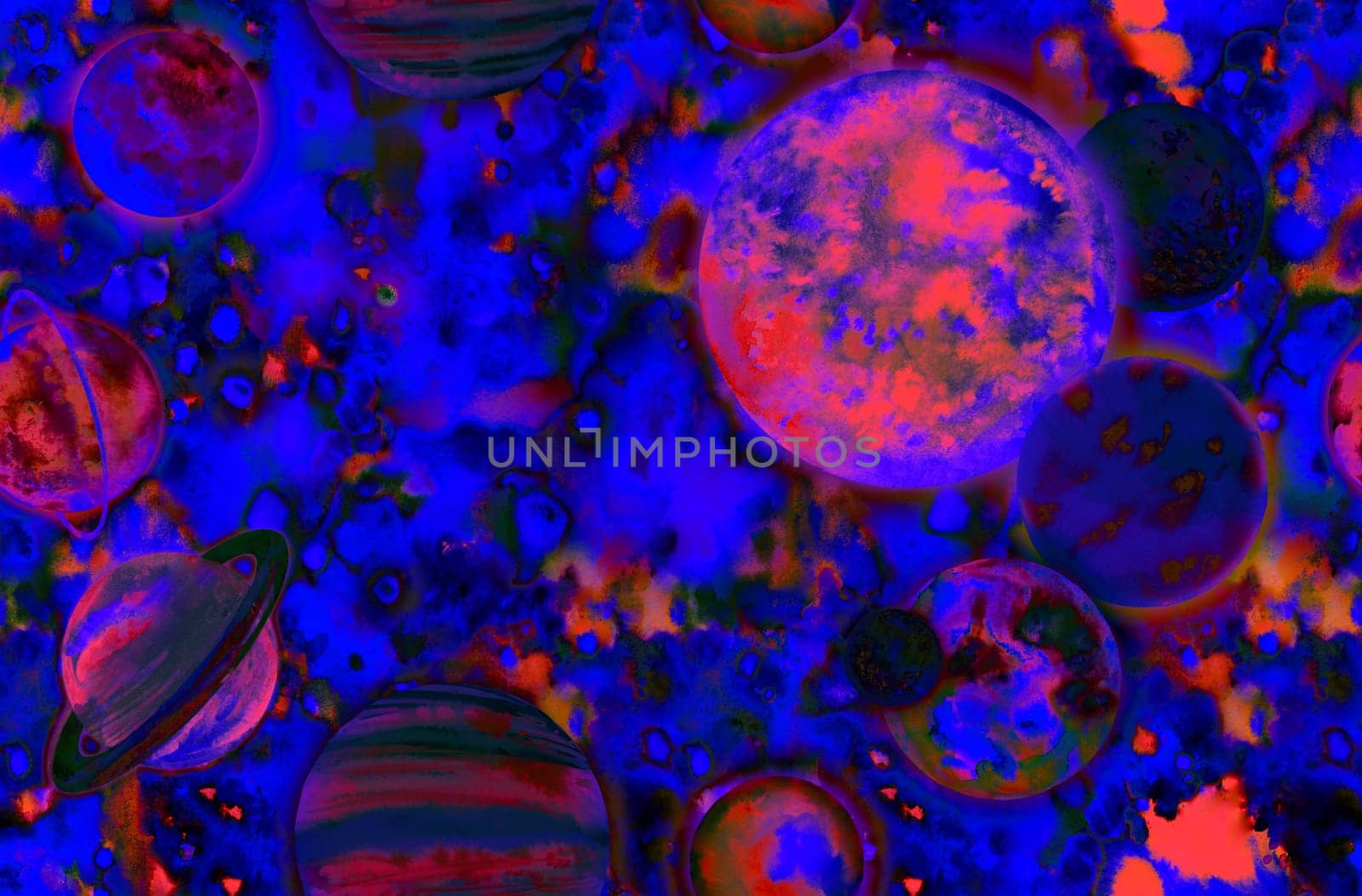 seamless pattern with Realistic solar system in watercolor against a bright starry sky background for textile and surface design