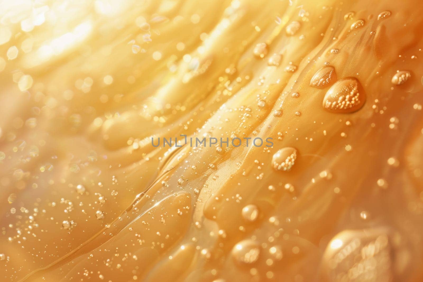 Macro photography captures the abstract beauty of water droplets on a surface bathed in a warm, golden hue.