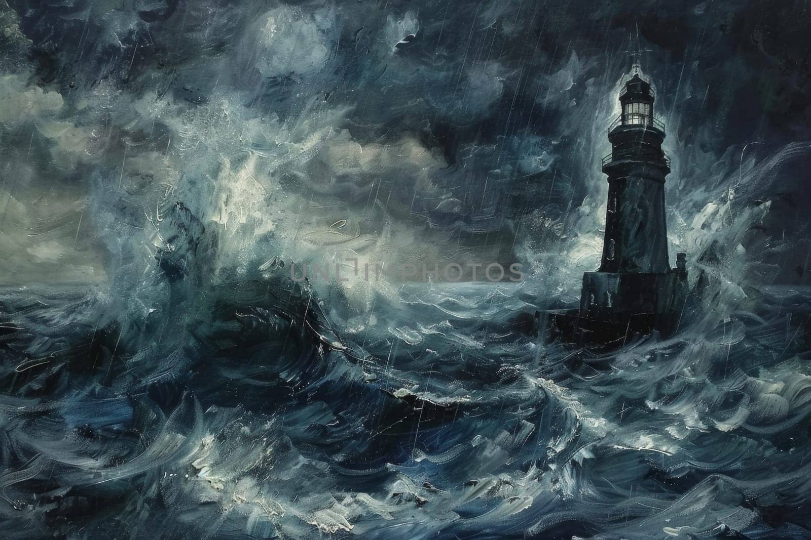 A tempestuous sea swirls around a steadfast lighthouse in this dynamic expressionist painting, rich with textured brushstrokes and a moody palette