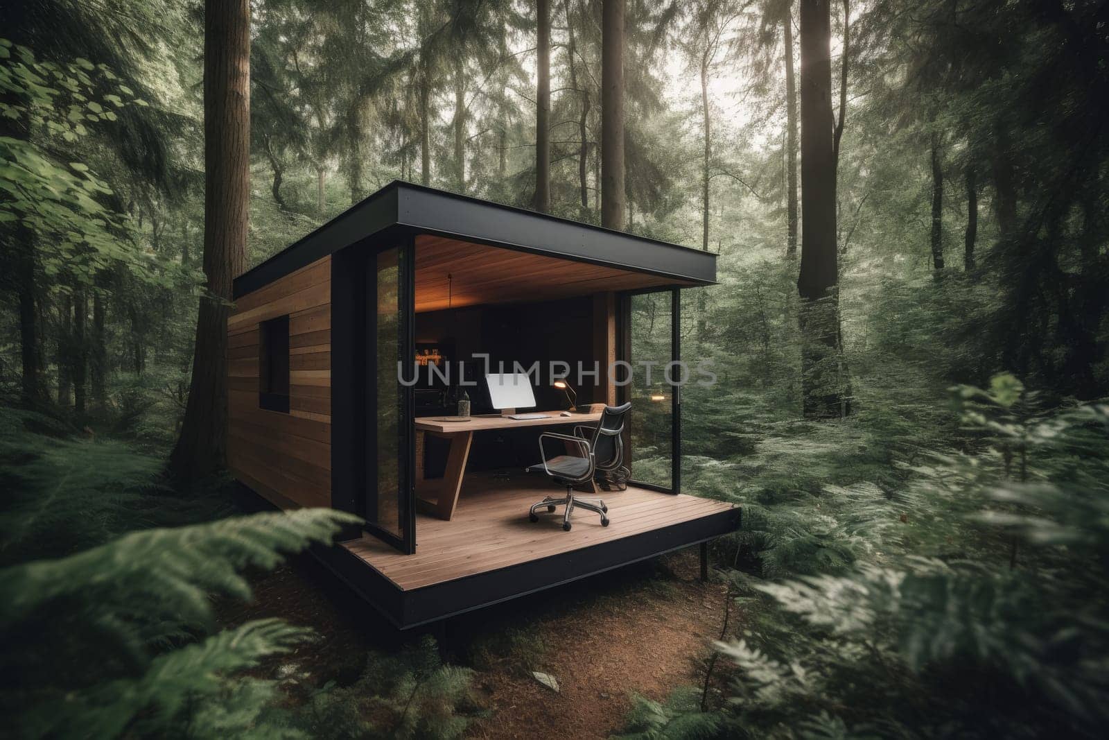 A tranquil outdoor office space nestled among towering trees, with dappled sunlight filtering through the leaves onto a modern desk setup, invoking a peaceful work environment in nature