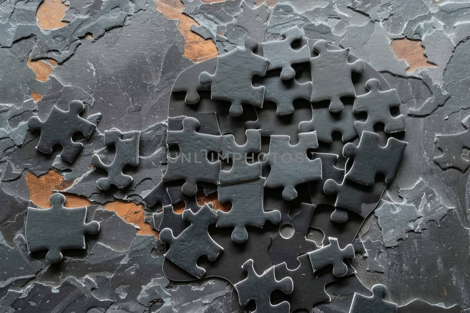 Hand placing a dark jigsaw puzzle piece on a black textured background, signifying complexity and challenge
