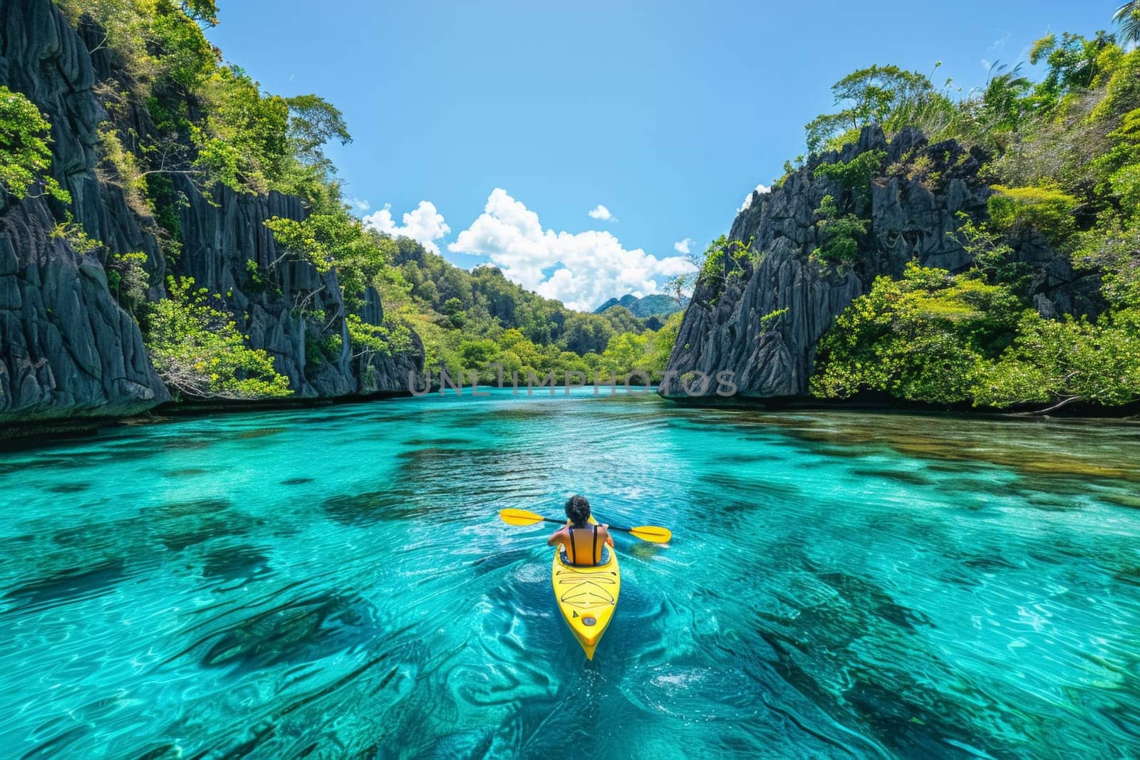 A vibrant kayak slices through the azure waters of a lagoon, surrounded by lush greenery and towering cliffs, an adventure in paradise.