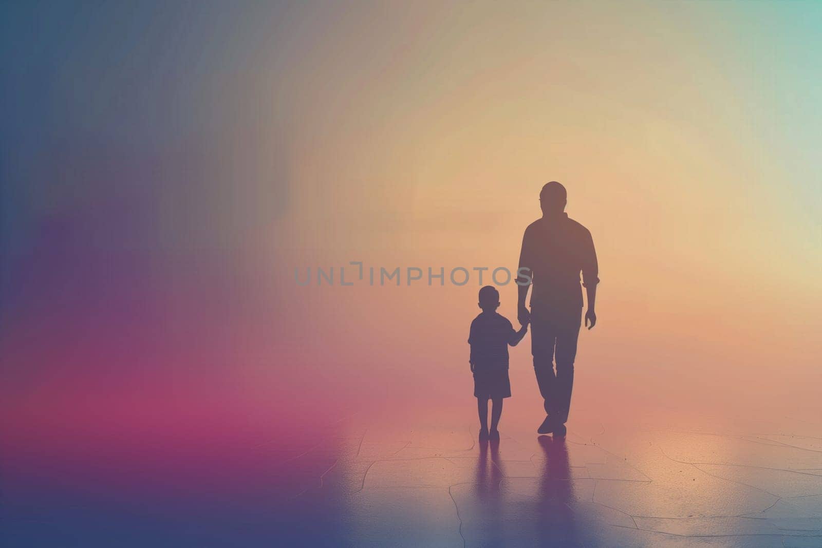 A man and a little girl are walking together in thick fog, their silhouettes barely visible as they move through the misty environment.