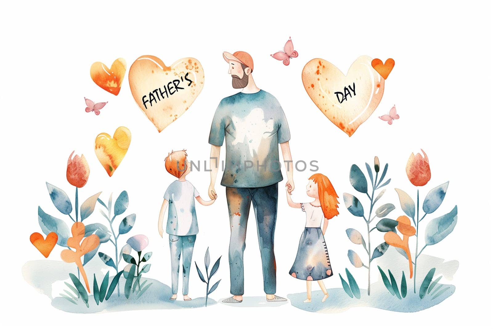 A watercolor painting depicting a father and daughter holding hands, showcasing a tender moment of familial connection and love.