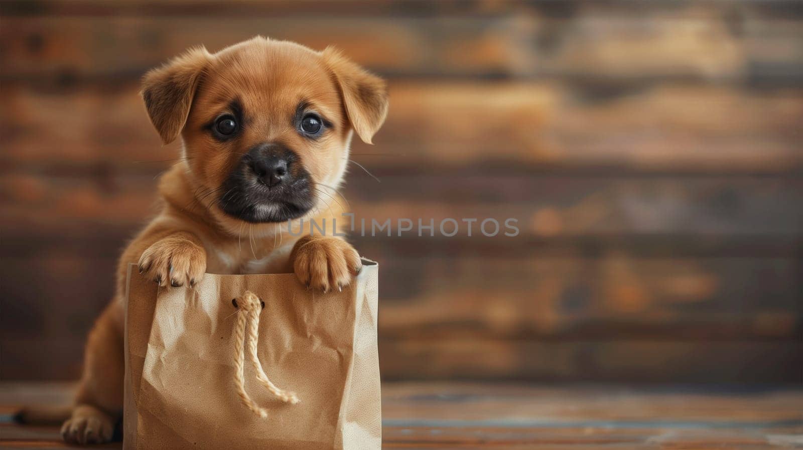 Adorable Puppy Peeks Out of a Gift Bag Celebrating Fathers Day Indoors by Sd28DimoN_1976