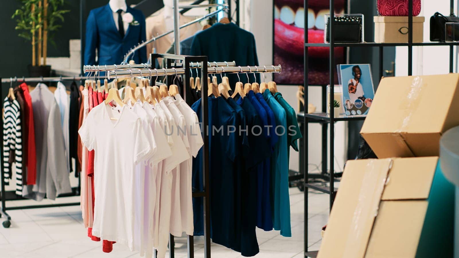 Empty shopping centre with casual and formal wear items, retail shop with stylish merchandise on hangers and racks. Clothing store inside with nobody in it, fashionable clothes and accessories.