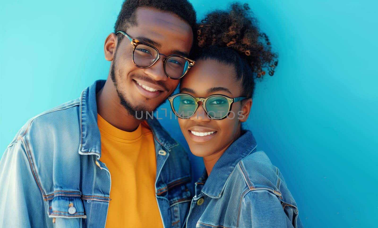 Portrait of modern happy young African couple in glasses, beautiful woman and man together on blue background