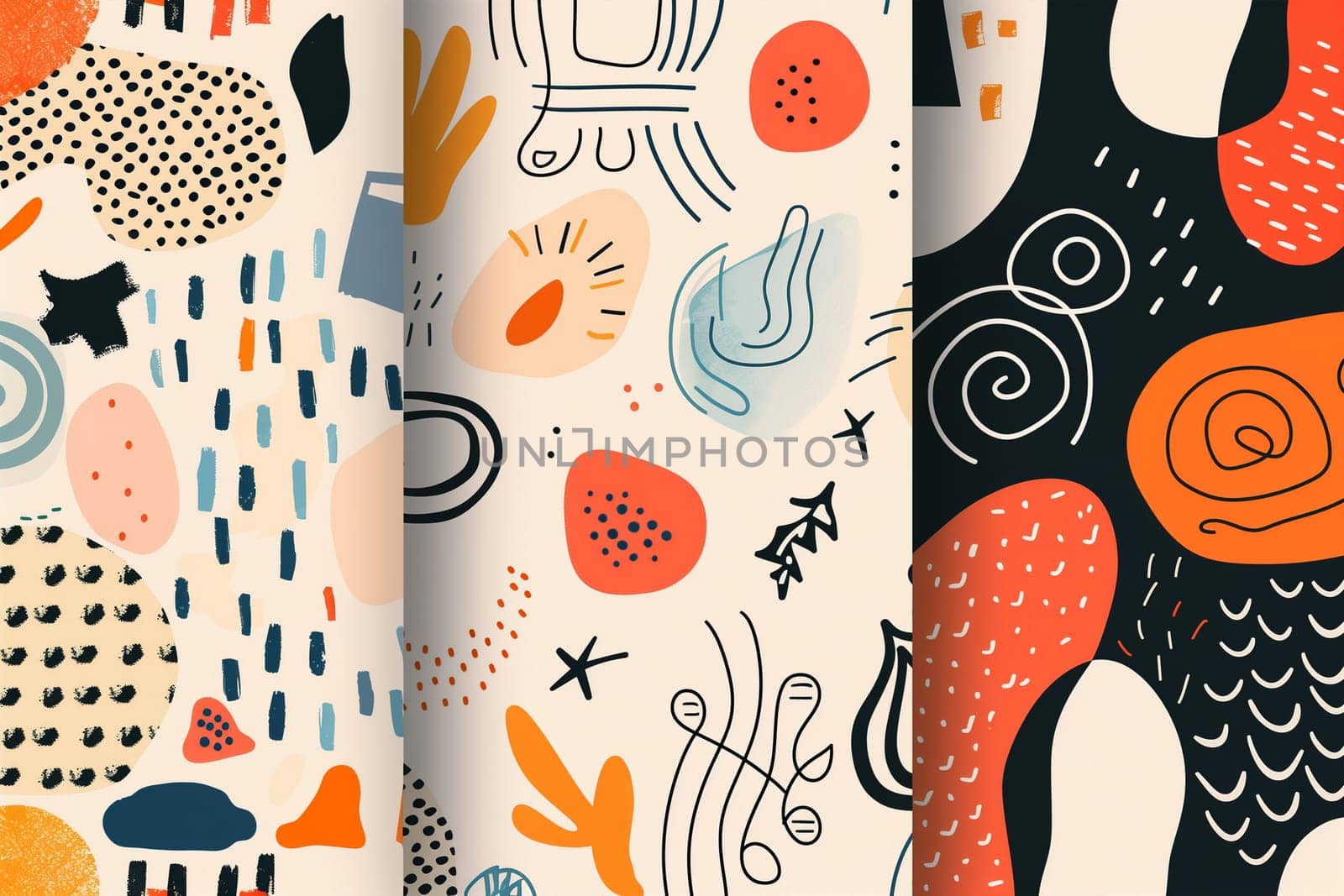 Three unique patterns featuring various shapes and sizes create an intriguing visual composition.