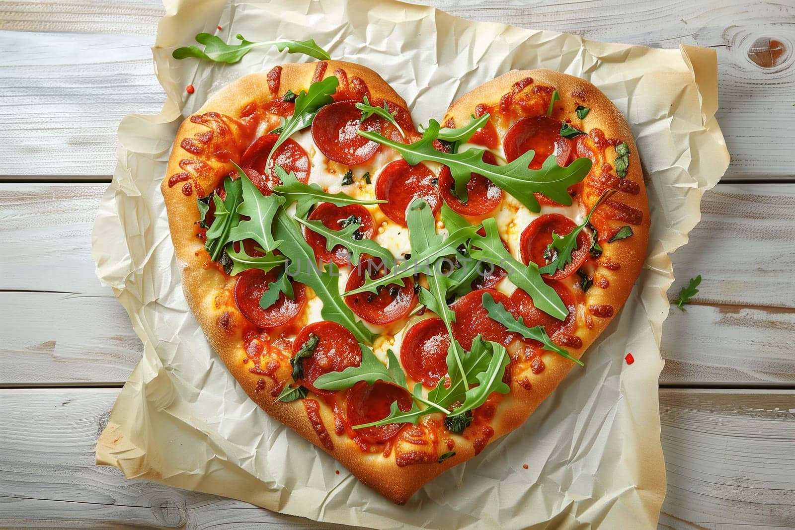 A heart-shaped pizza topped with pepperoni, cheese, and fresh arugula, served on a wooden table, symbolizing a love for Italian cuisine.