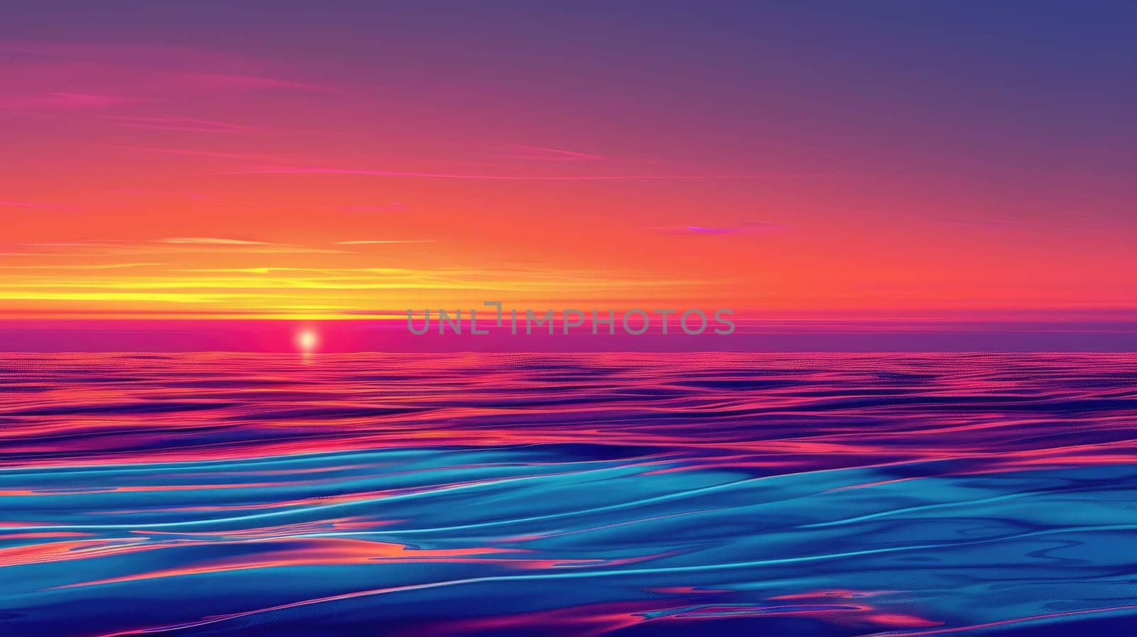 A stunning purple and violet afterglow lights up the fluid horizon as the red sky at morning fades into dusk, casting a colorful sunset over the ocean with a blurred background AIG50