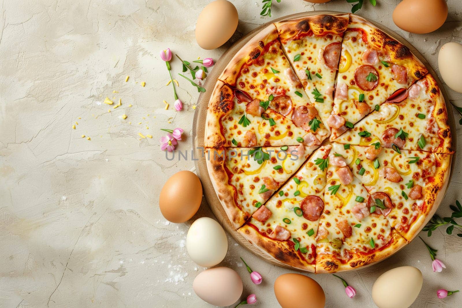 Pizza on Table Surrounded by Eggs by Sd28DimoN_1976