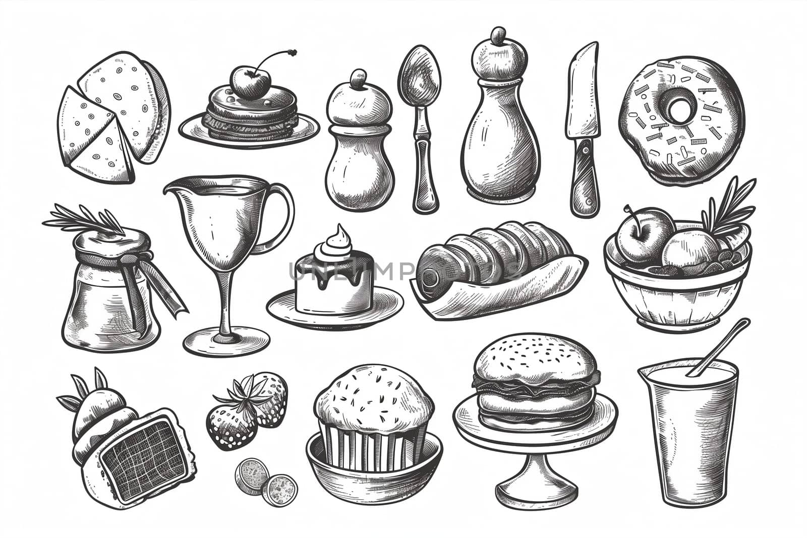 A drawing showing a variety of delicious desserts such as cupcakes, pies, cookies, and ice cream in a colorful and appetizing display.