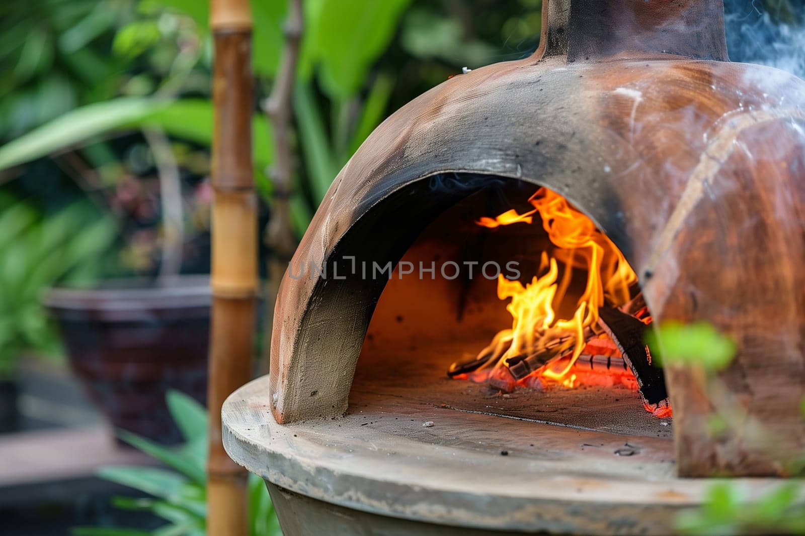 Flames blazing inside a traditional stone oven, creating a fierce and intense heat for cooking.