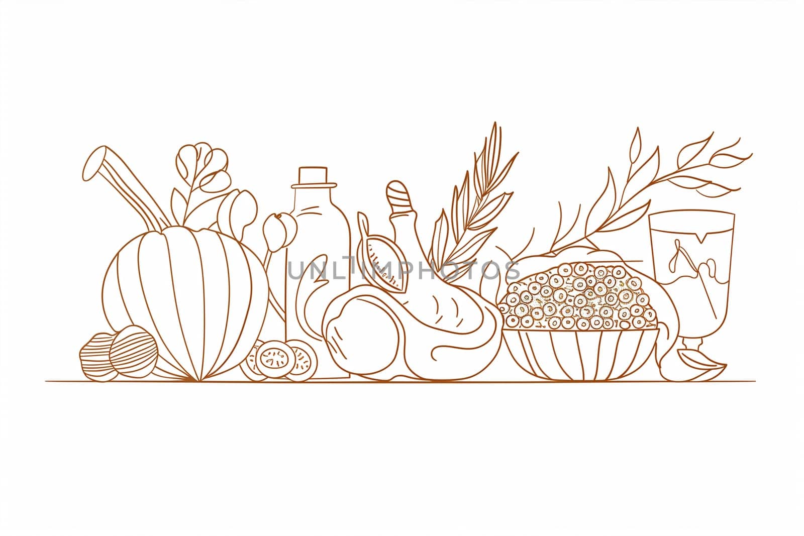 A line drawing featuring a variety of different foods, including fruits, vegetables, bread, and dairy products.