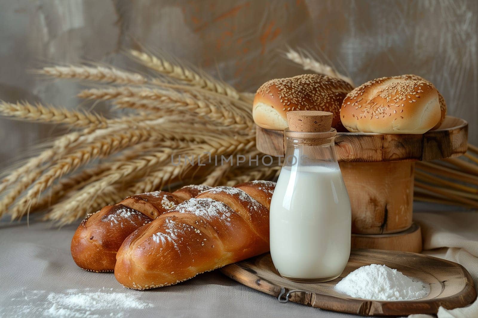 Challah bread, a bottle of milk, and a bowl of cottage cheese, evocative of Shavuot, are arranged on a table with wheat stalks in the background.