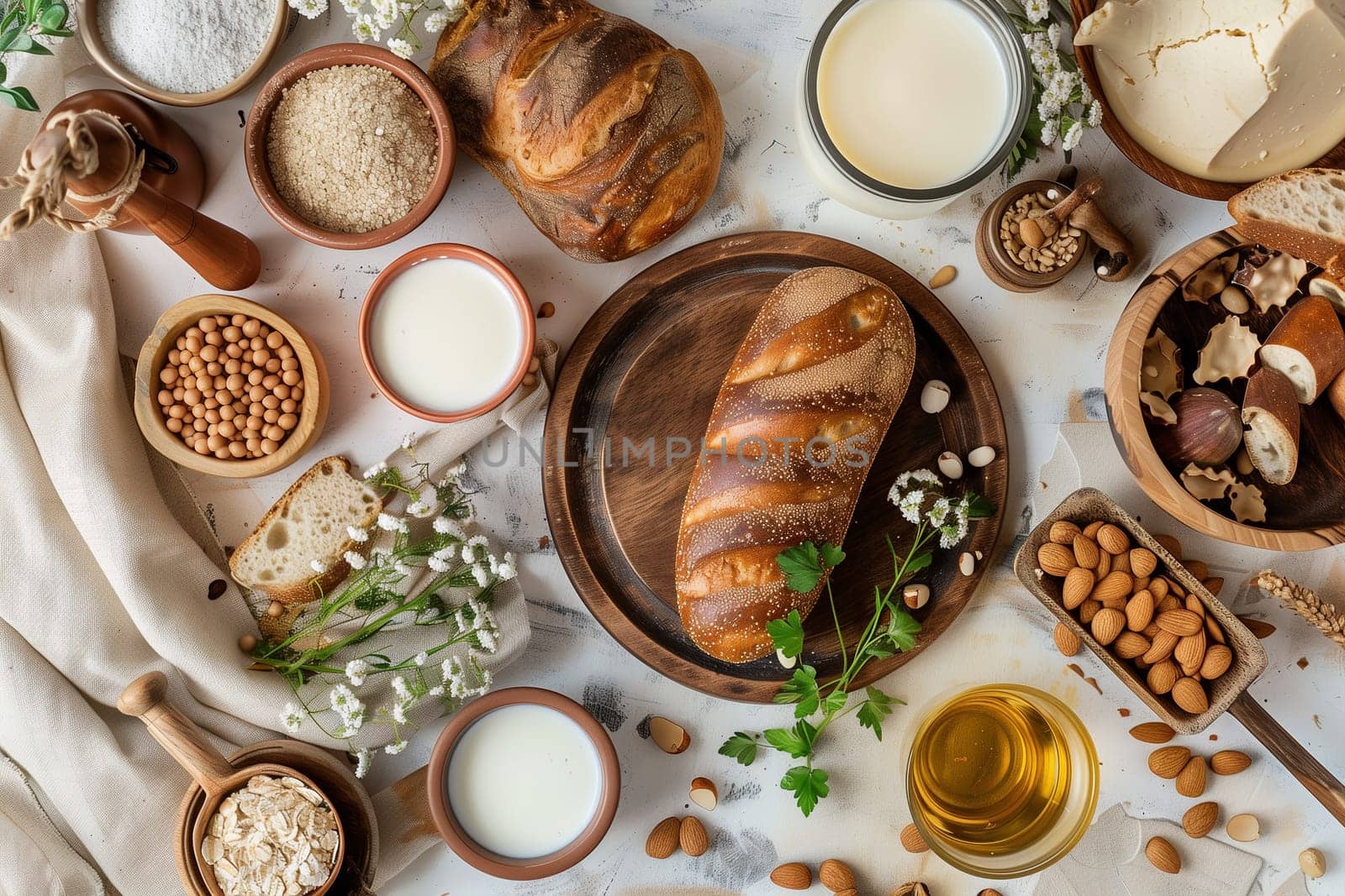 A table is adorned with a variety of foods including bread, milk, nuts, and more in preparation for the Shavuot celebration.