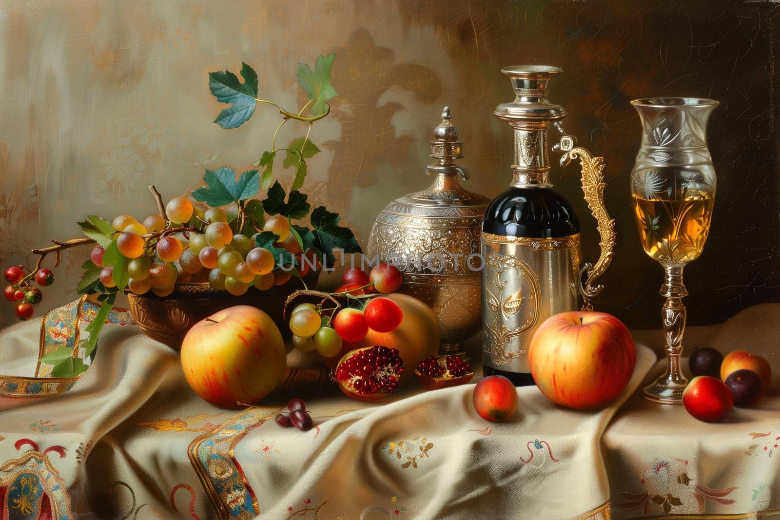 A festive Shavuot arrangement with fresh fruits, a bottle of wine, a silver pitcher, a glass, and intricate textiles, embodying the holidays spirit.