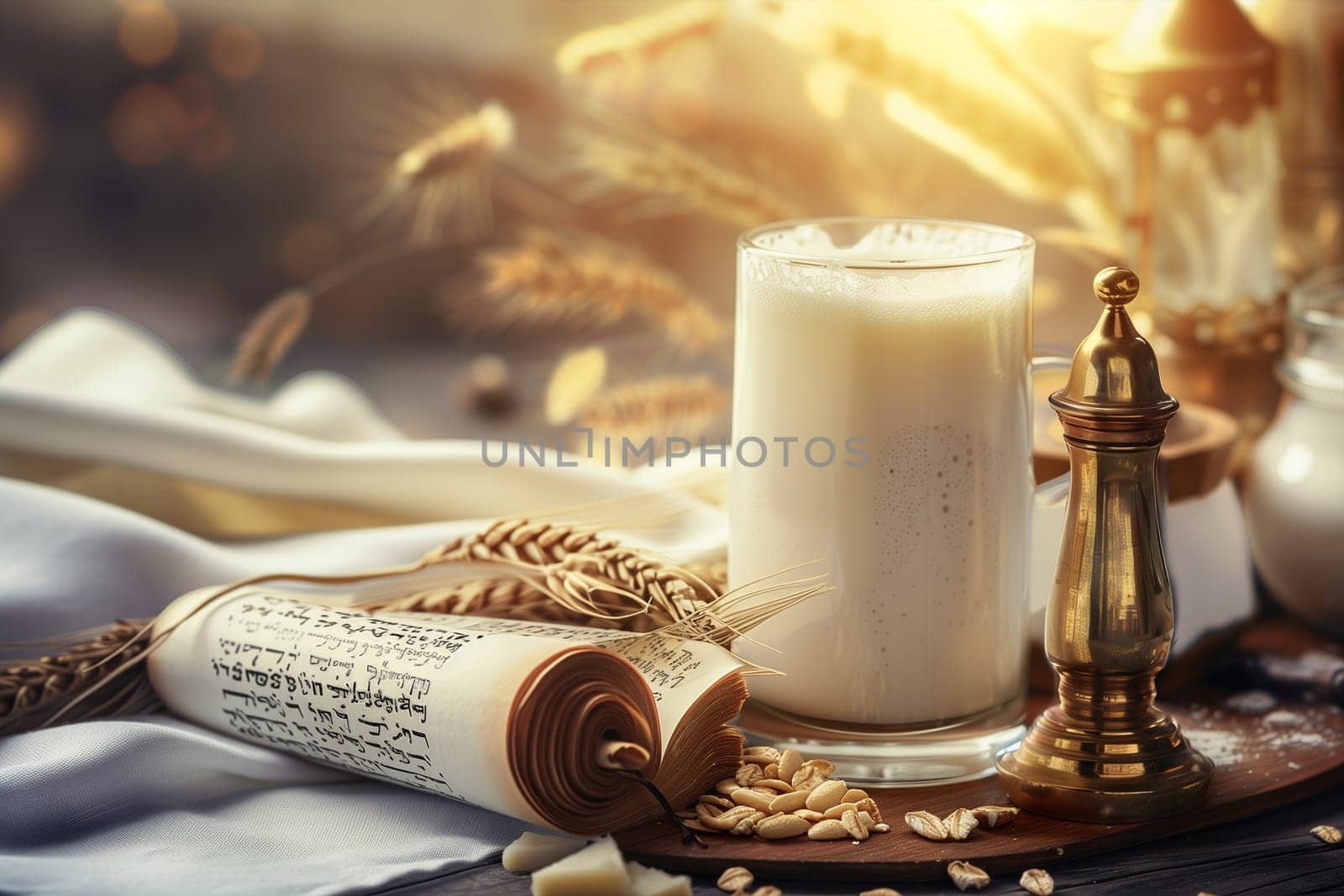 Dairy products and a rolled Torah scroll set on a table, depicting a serene and respectful observance of the Jewish festival, Shavuot.