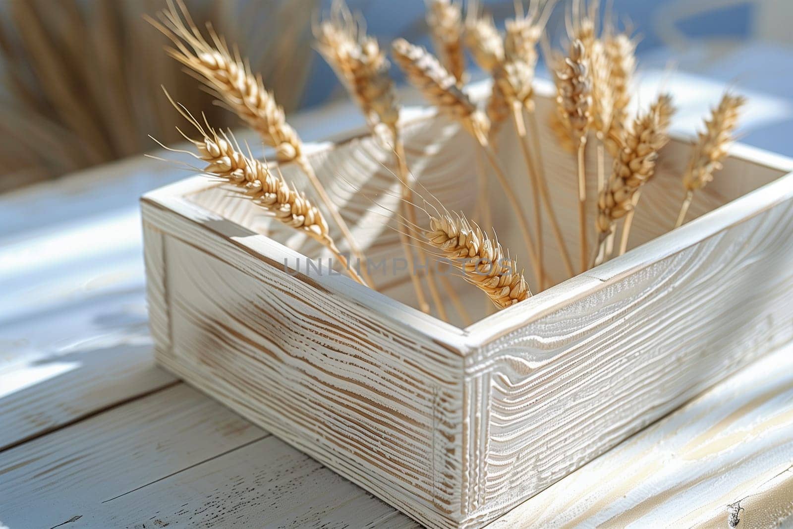 A wooden box filled with wheat grains is placed on a table.