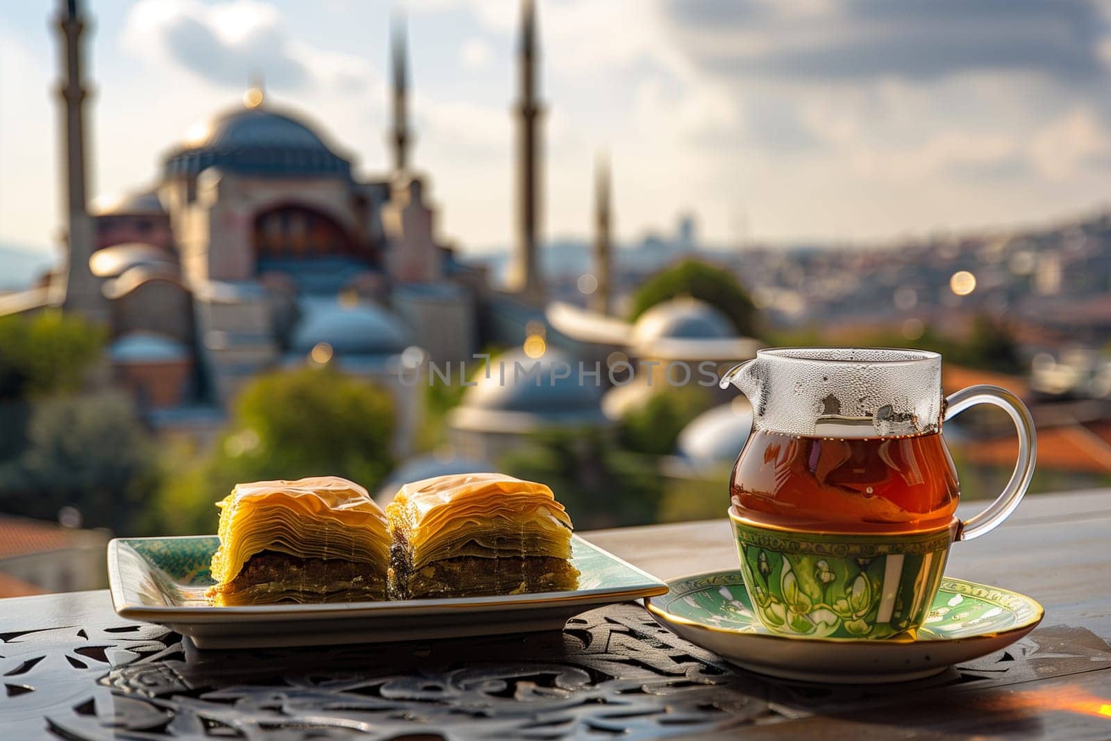 A serving of baklava and a glass of Turkish tea with a mosque and cityscape in the background, likely taken during the celebration of Kurban Bayram.