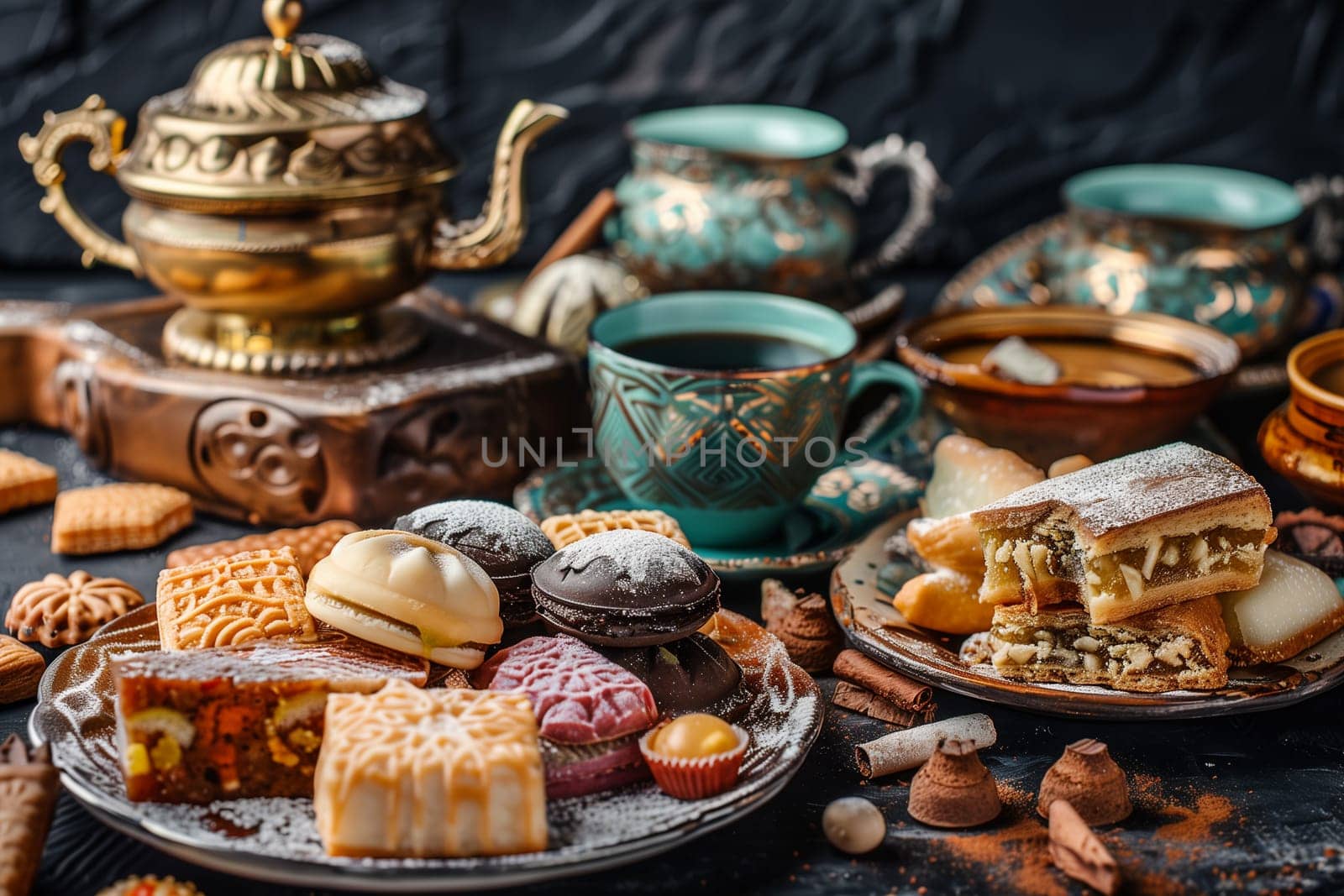 A table displaying plates of food and cups of tea.