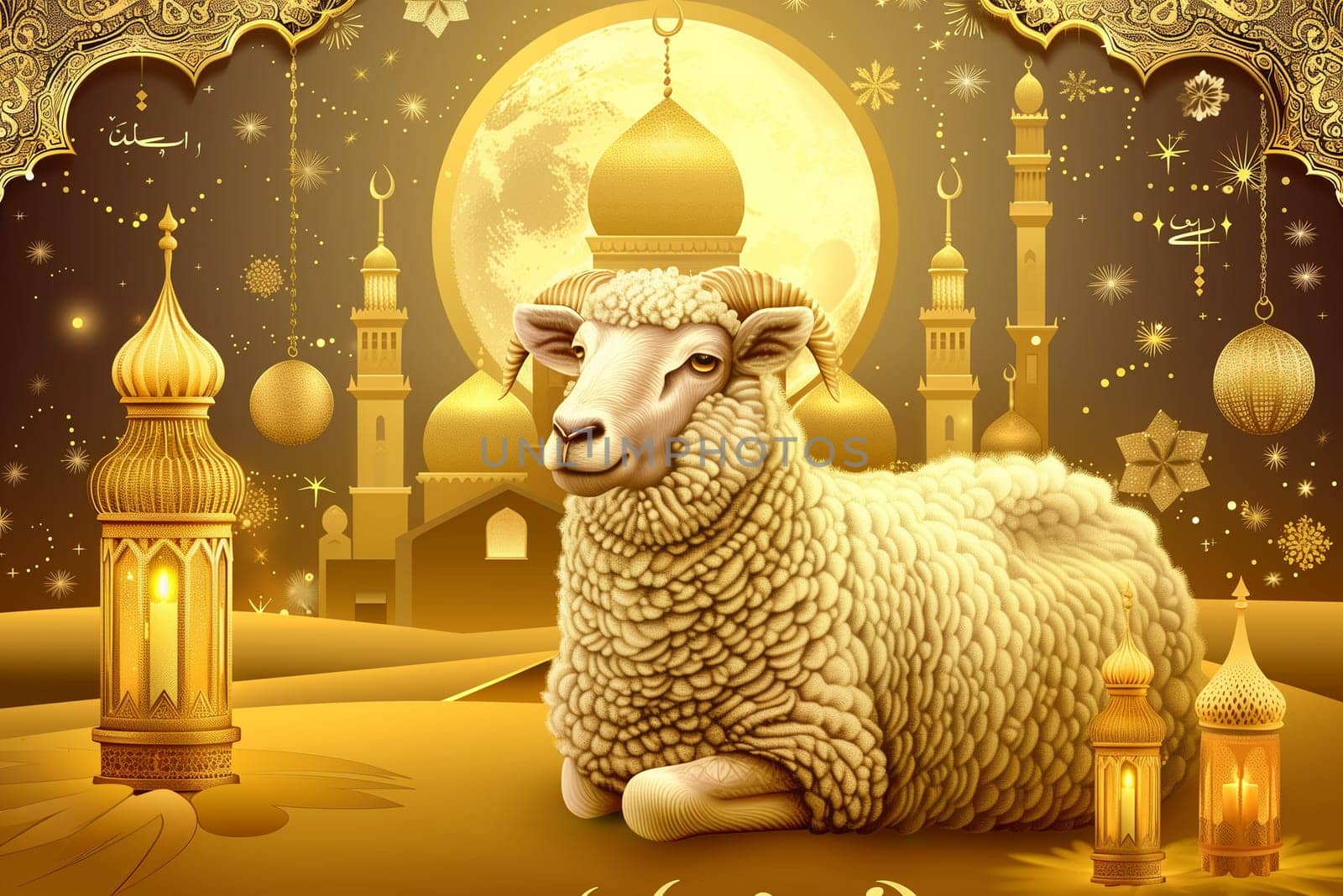 A serene sheep sits at the center of a Kurban Bayram celebration, flanked by golden lanterns and mosques against a night sky.