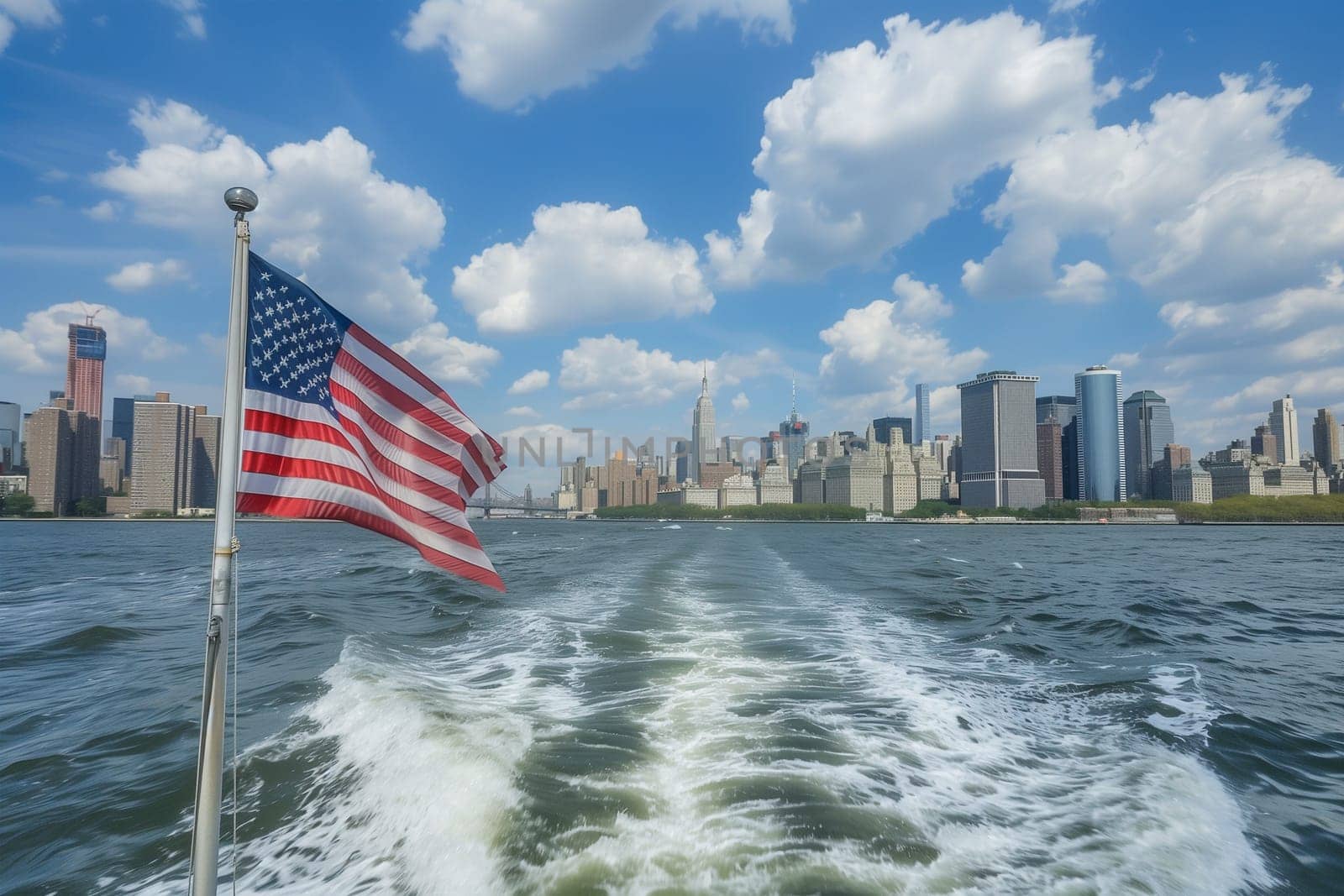 An American flag is displayed on a boat sailing on the water, symbolizing patriotism and pride in the USA on Flag Day.