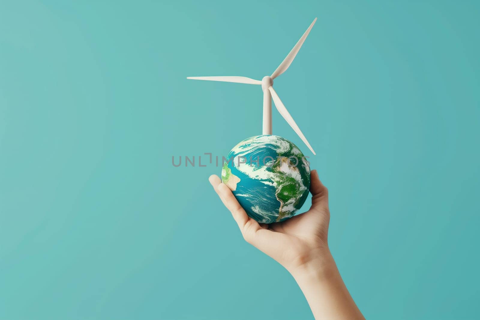 A hand is holding a small model of the Earth with a wind turbine visible in the background.