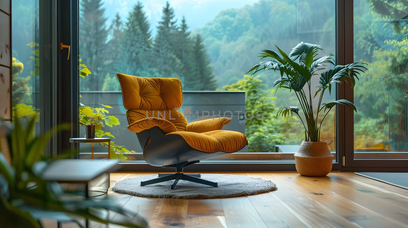 A yellow chair adds a pop of color to the living room, positioned next to a window with a view of the natural landscape outside
