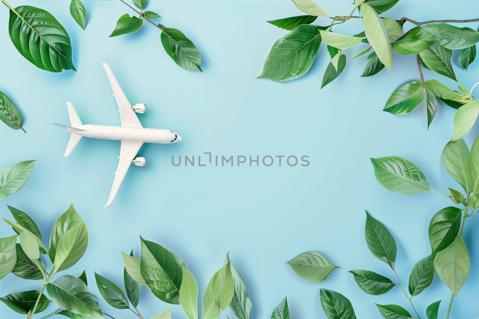 Sustainable Travel Concept With Green Leaves and Airplane Model on Blue Background by Sd28DimoN_1976