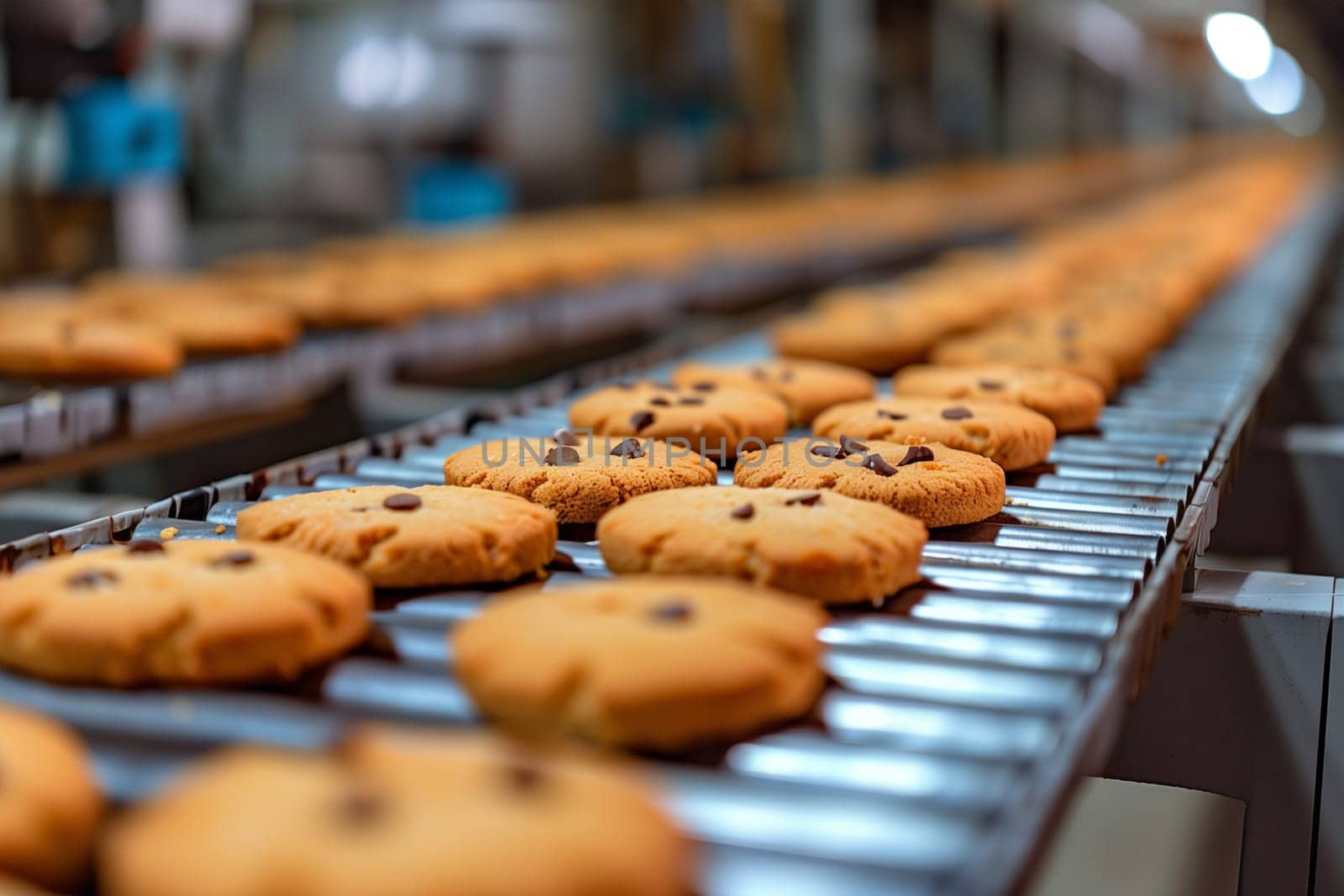 Freshly baked chocolate chip cookies moving along a conveyor belt to cool down before packaging.