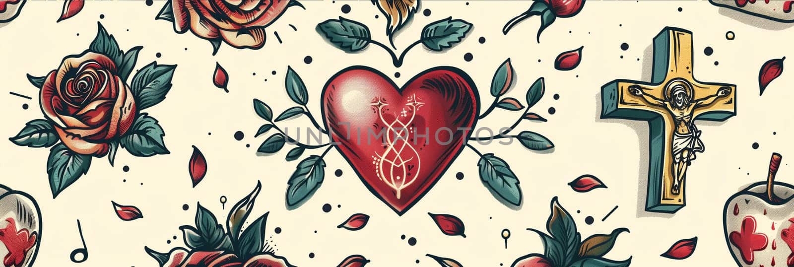 A cross adorned with vibrant red roses against a clean white background.