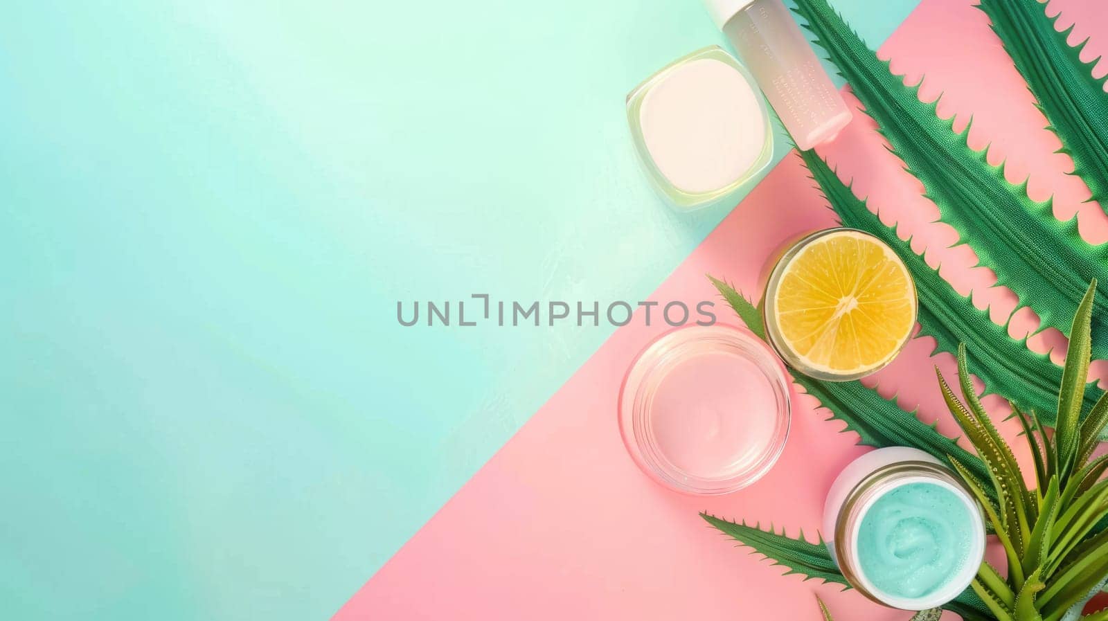 There is an assortment of Green and Yellow fruits and leaves spread out on the table, including Water, Rangpur, Sweet lemon, Lemon peel. The table is beautifully decorated with Plant and Dishware AIG50