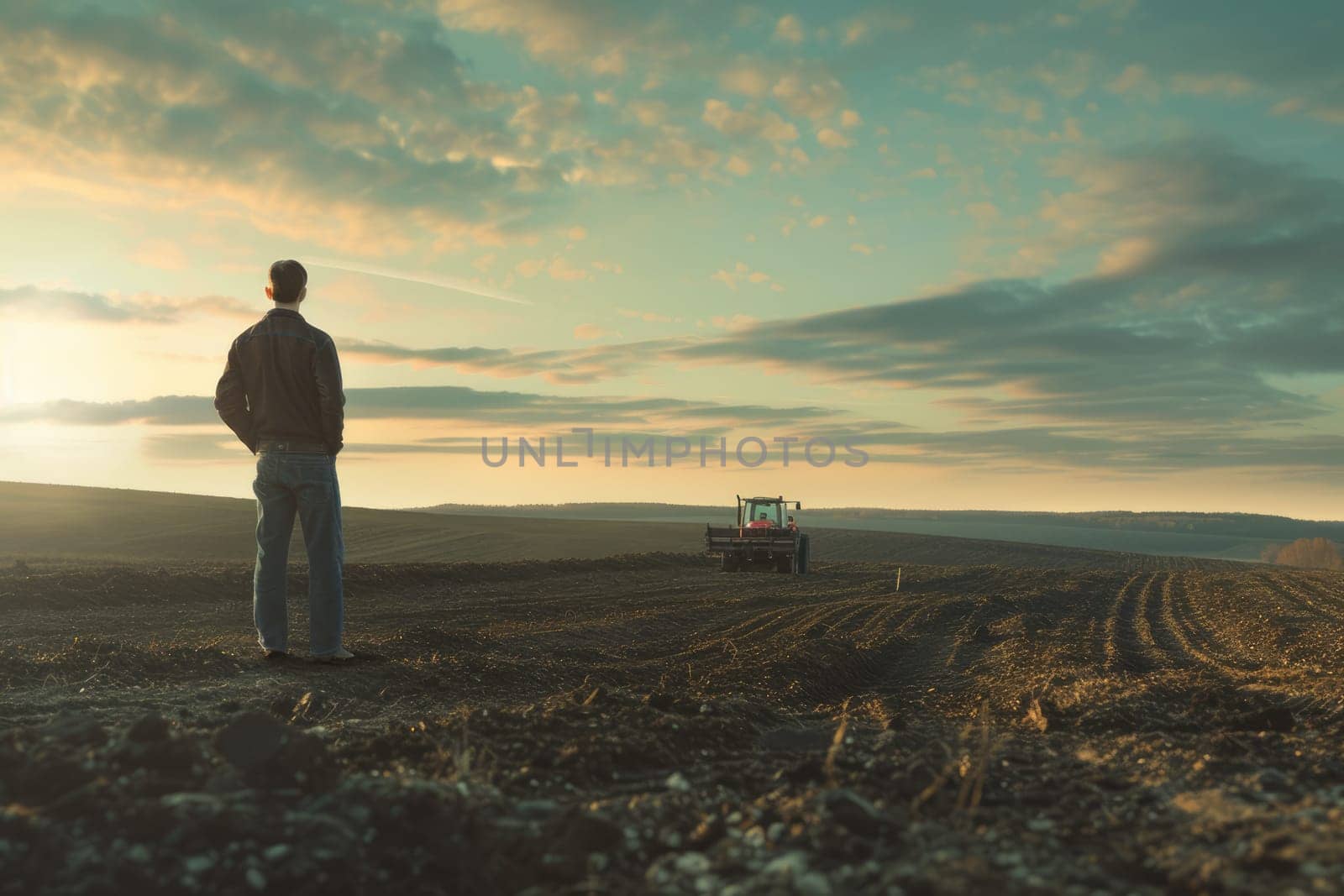 Portrait of farmer looking rice field sunset with golden ray with tractor parking. Skilled agricultural worker or researcher checking while standing at farm. Agriculture sustainable concept. AIG42.