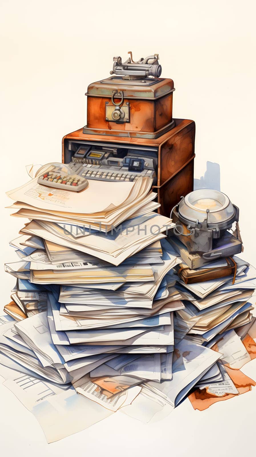 A visually striking image of a pile of papers stacked high, with a telephone resting on the topmost sheet. The contrast between the chaotic papers and the sleek telephone creates an interesting composition.