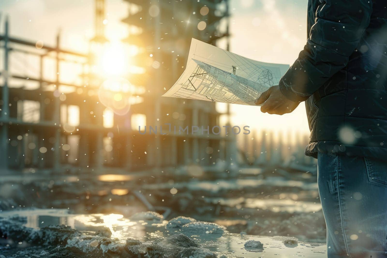 Professional civil engineer standing at building construction site while hold blueprint. Skilled architect or interior designer holding project plan while looking at building construction. AIG42.