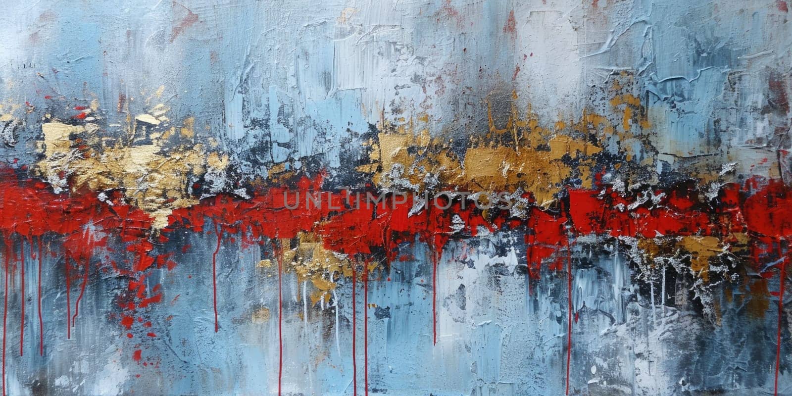 The abstract picture of the gold, blue and red colours that has been painted or splashed on the white blank background wallpaper to form the random shape that cannot be describe yet beautiful. AIGX01.