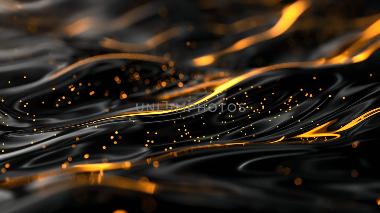 Detailed view of a black and yellow abstract flowing background, displaying contrasting colors in a close-up shot - Generative AI