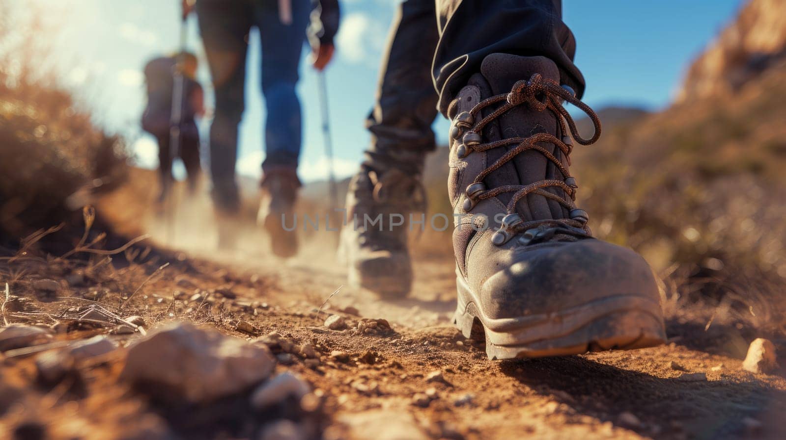 A person with hiking boots explores the natural landscape of a forest, walking along a woodland path. The vibrant electric blue sky complements the lush green scenery. AIG41