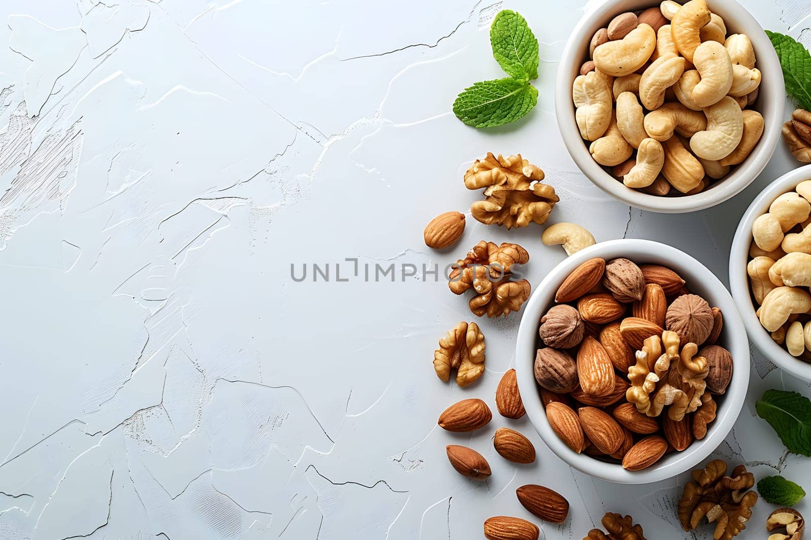 The table is filled with bowls of mixed nuts, a superfood ingredient commonly used in various cuisine recipes. Enjoy the natural, nutritious snack