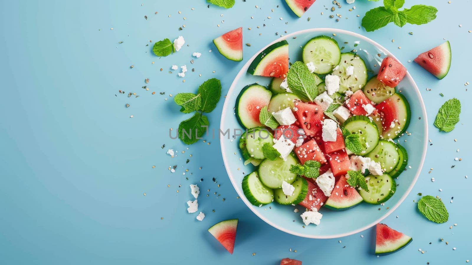 A refreshing salad featuring watermelon, cucumbers, feta cheese, and mint, served on a vibrant blue background. This dish combines fresh ingredients to create a colorful and delicious cuisine staple AIG50