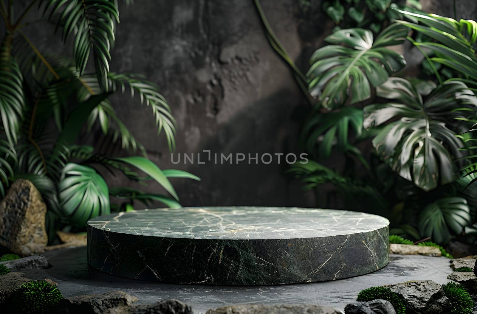A marble podium stands amidst a dense jungle, surrounded by lush plants and rocks. The natural landscape is dominated by terrestrial plants and trees, creating a picturesque scene