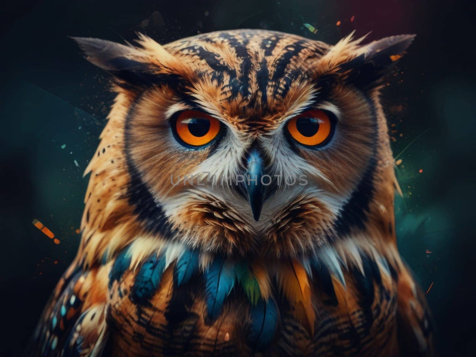 Predatory wild animal of the feathered family. An owl with bright plumage Generative AI